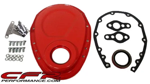 1955-95 CHEVY SMALL BLOCK 283-305-327-350-400 STEEL TIMING CHAIN COVER SET W- TIMING TAB - ORANGE