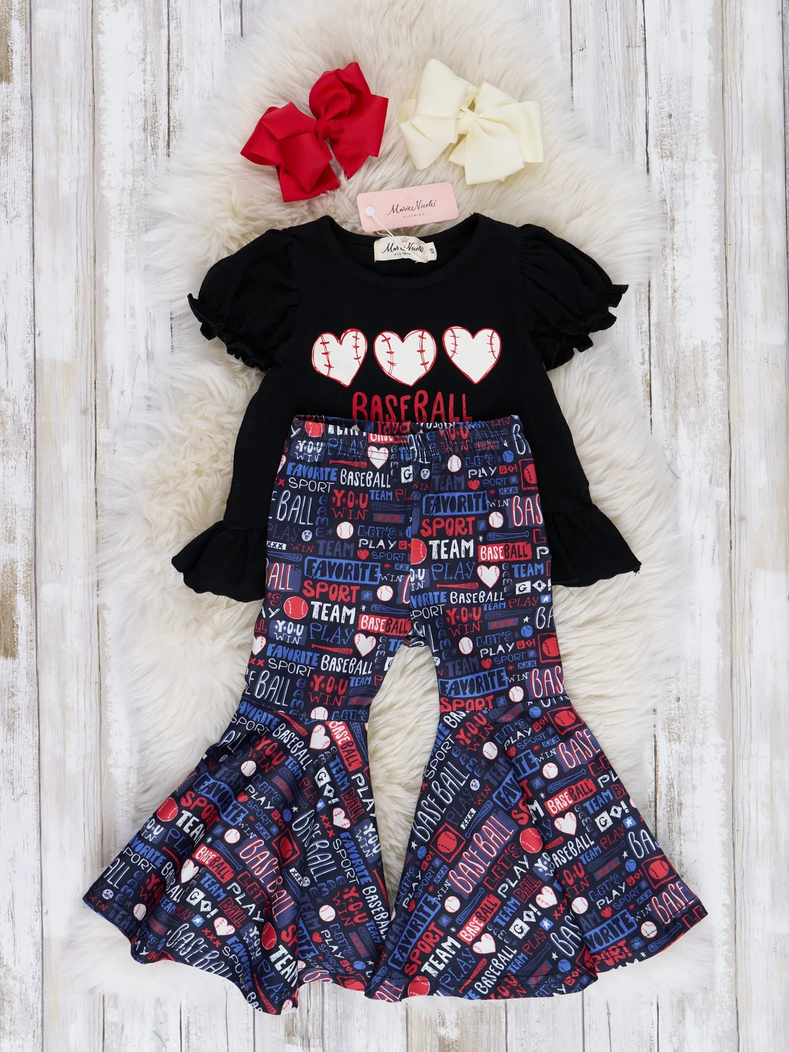 Black Baseball Hearts Bell Bottom Outfit