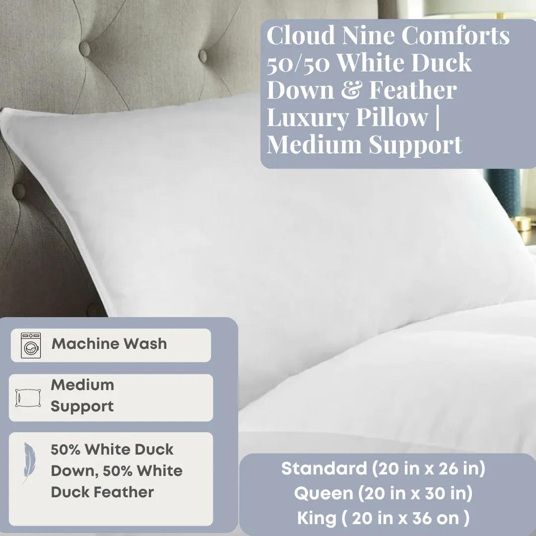 Cloud Nine Comforts 50/50 White Duck Down & Feather Luxury Pillow | Medium Support