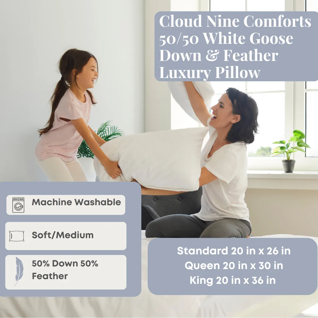 Cloud Nine Comforts 50/50 White Goose Down & Feather Luxury Pillow | Medium Support