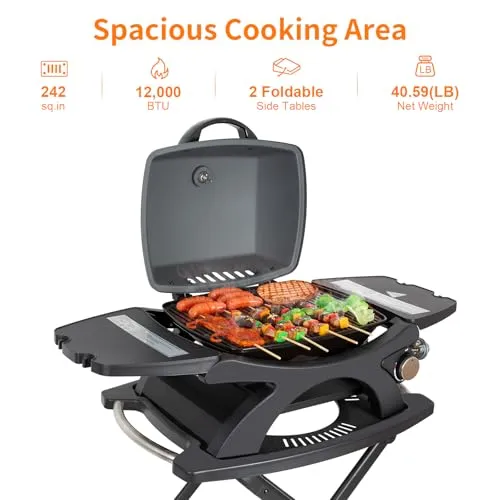 Hykolity Portable Stand-Up Propane Gas Grill, 12,000 BTU Outdoor BBQ Grill with Collapsible Cart, Camping Grill with Removable Side Tables and Built-in Thermometer for Outdoor Cooking, Tailgating