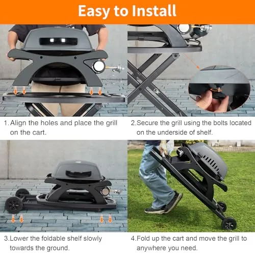 Hykolity Portable Stand-Up Propane Gas Grill, 12,000 BTU Outdoor BBQ Grill with Collapsible Cart, Camping Grill with Removable Side Tables and Built-in Thermometer for Outdoor Cooking, Tailgating